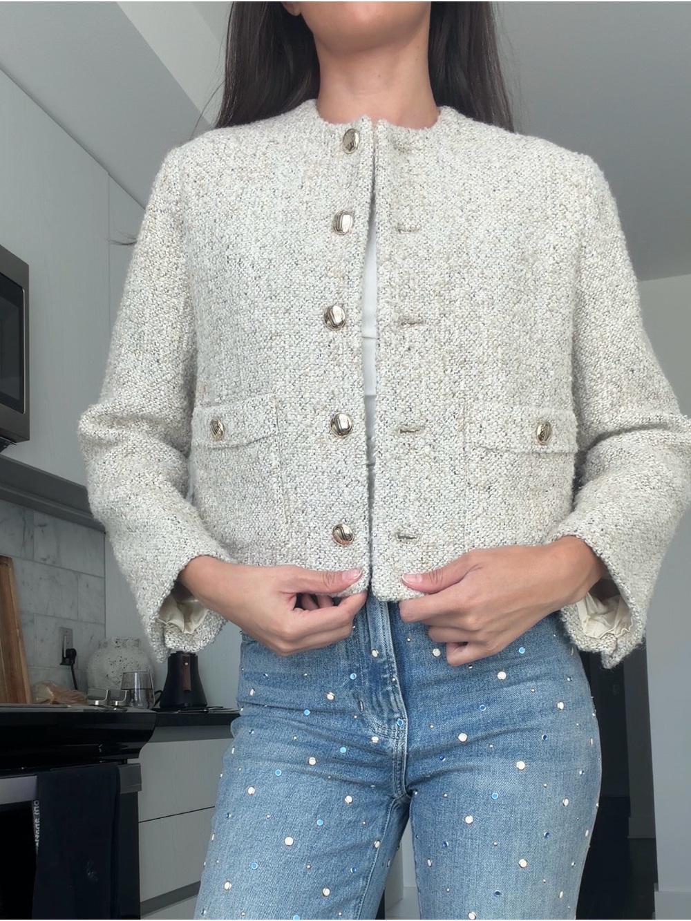Maje Cream Bouclé Cropped Button Jacket